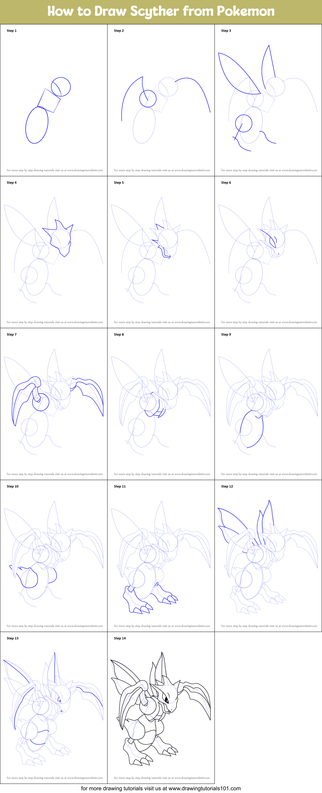 How to Draw Scyther from Pokemon Printable Step by Step