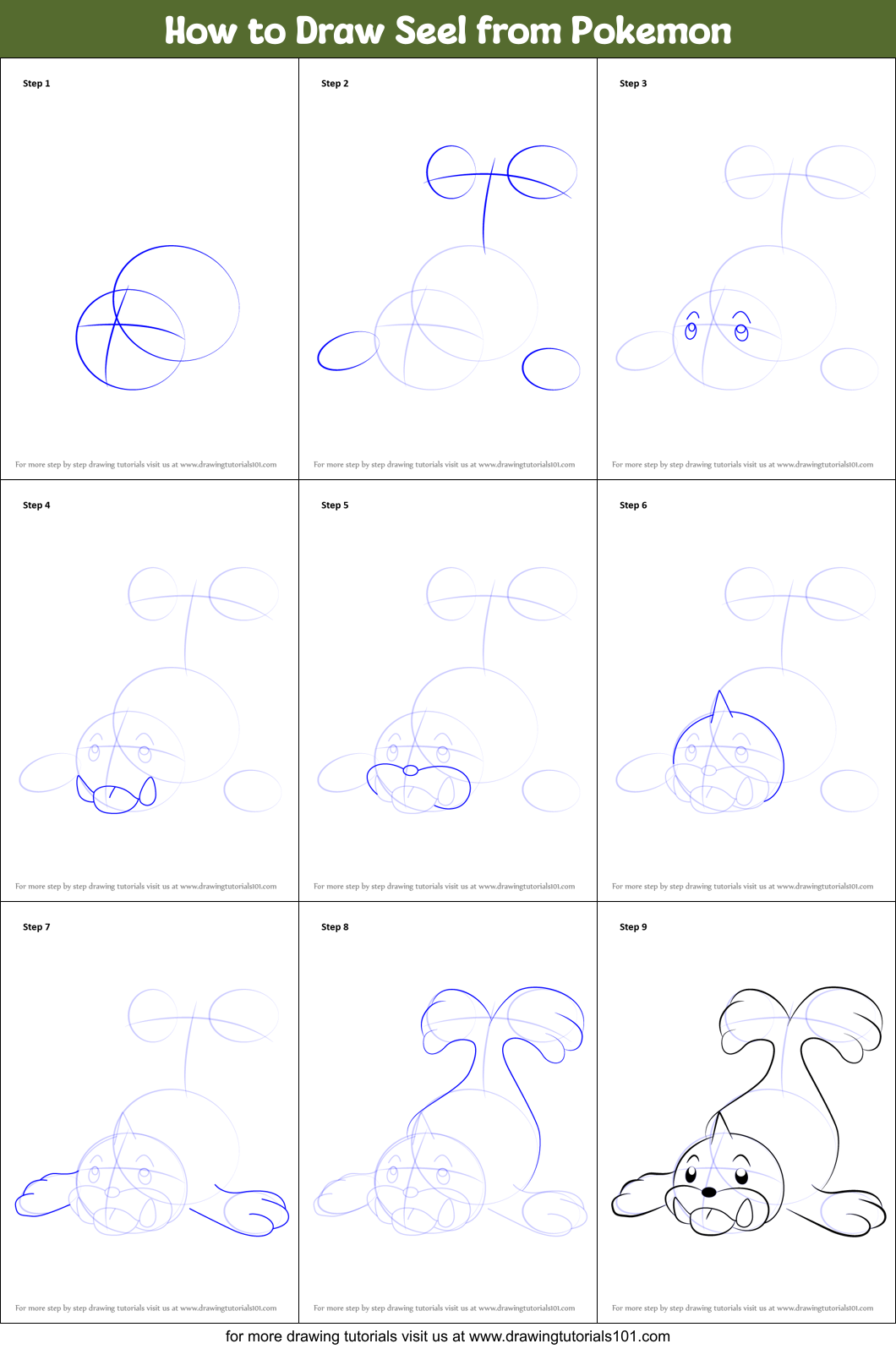 How to Draw Seel from Pokemon Printable Step by Step
