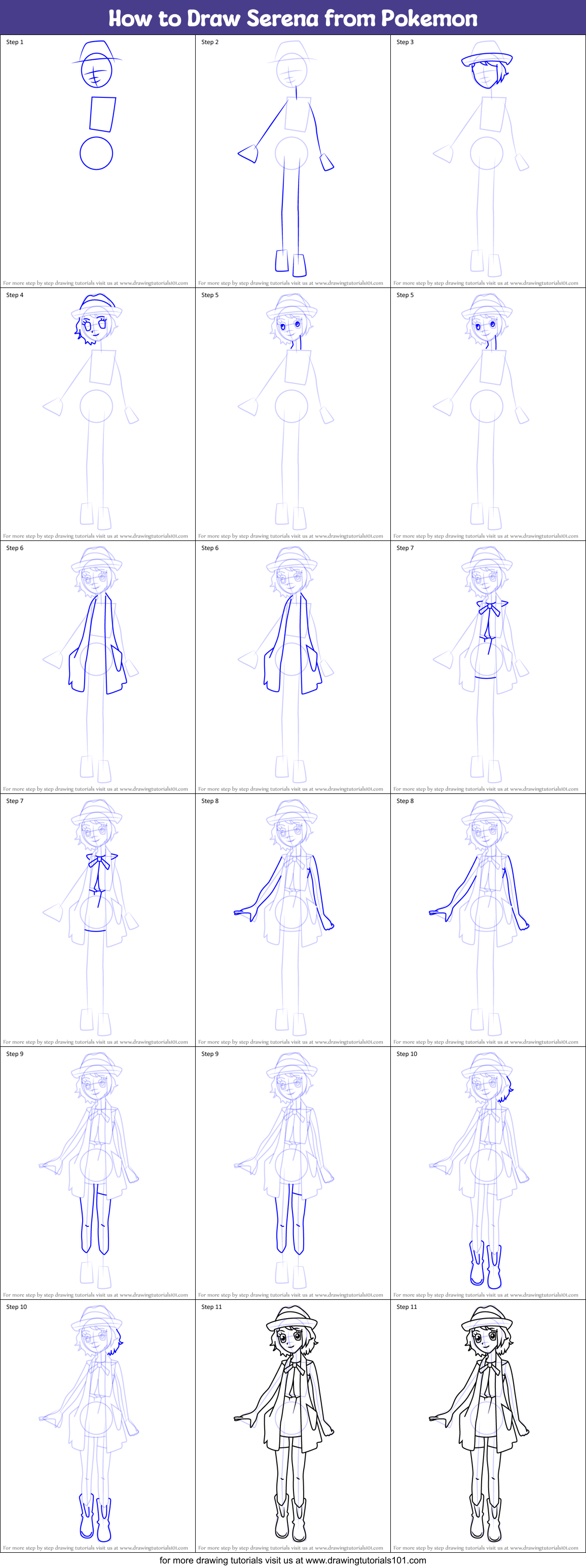 How to Draw Serena from Pokemon Printable Step by Step