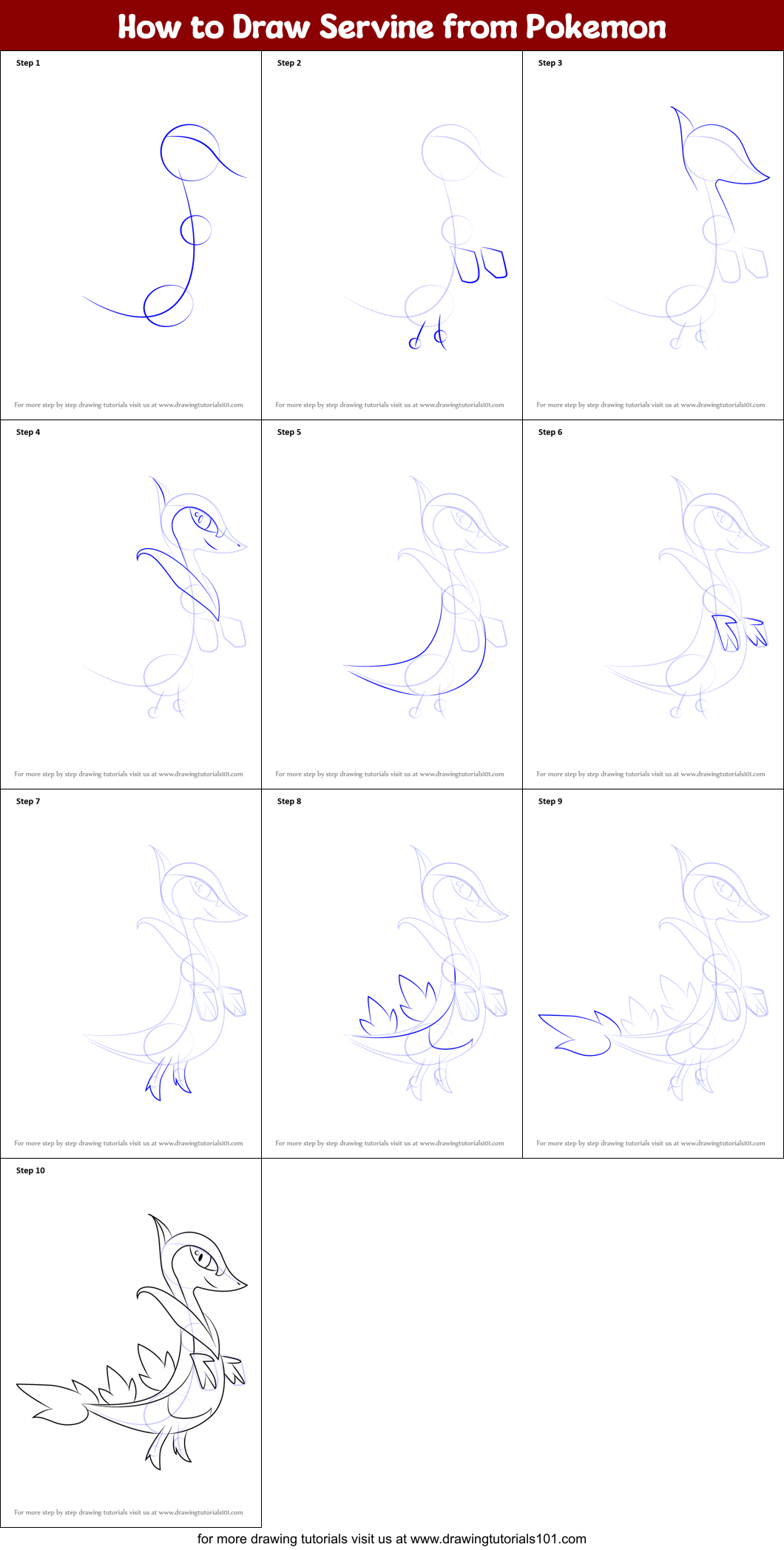 How to Draw Servine from Pokemon Printable Step by Step