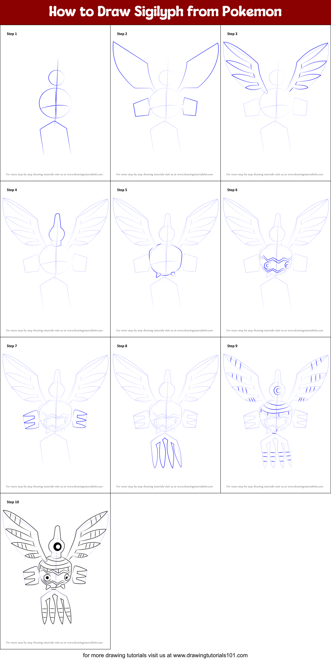 How to Draw Sigilyph from Pokemon Printable Step by Step