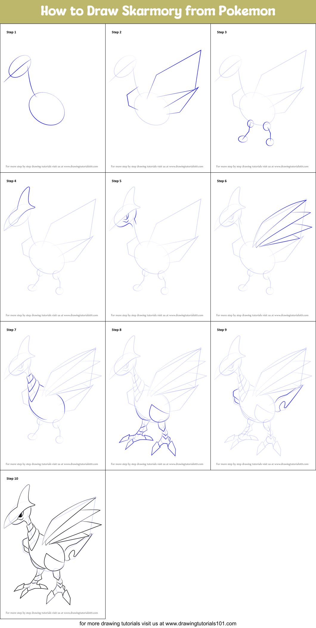 How to Draw Skarmory from Pokemon Printable Step by Step