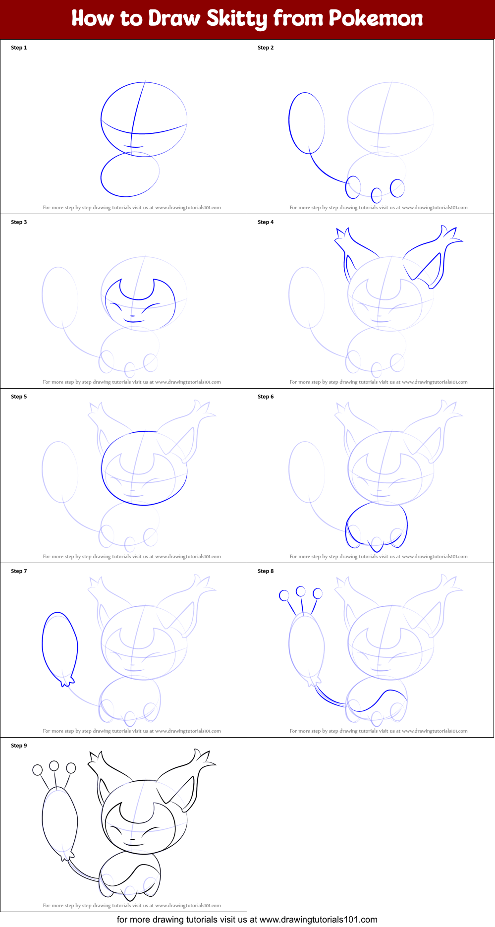 How to Draw Skitty from Pokemon Printable Step by Step