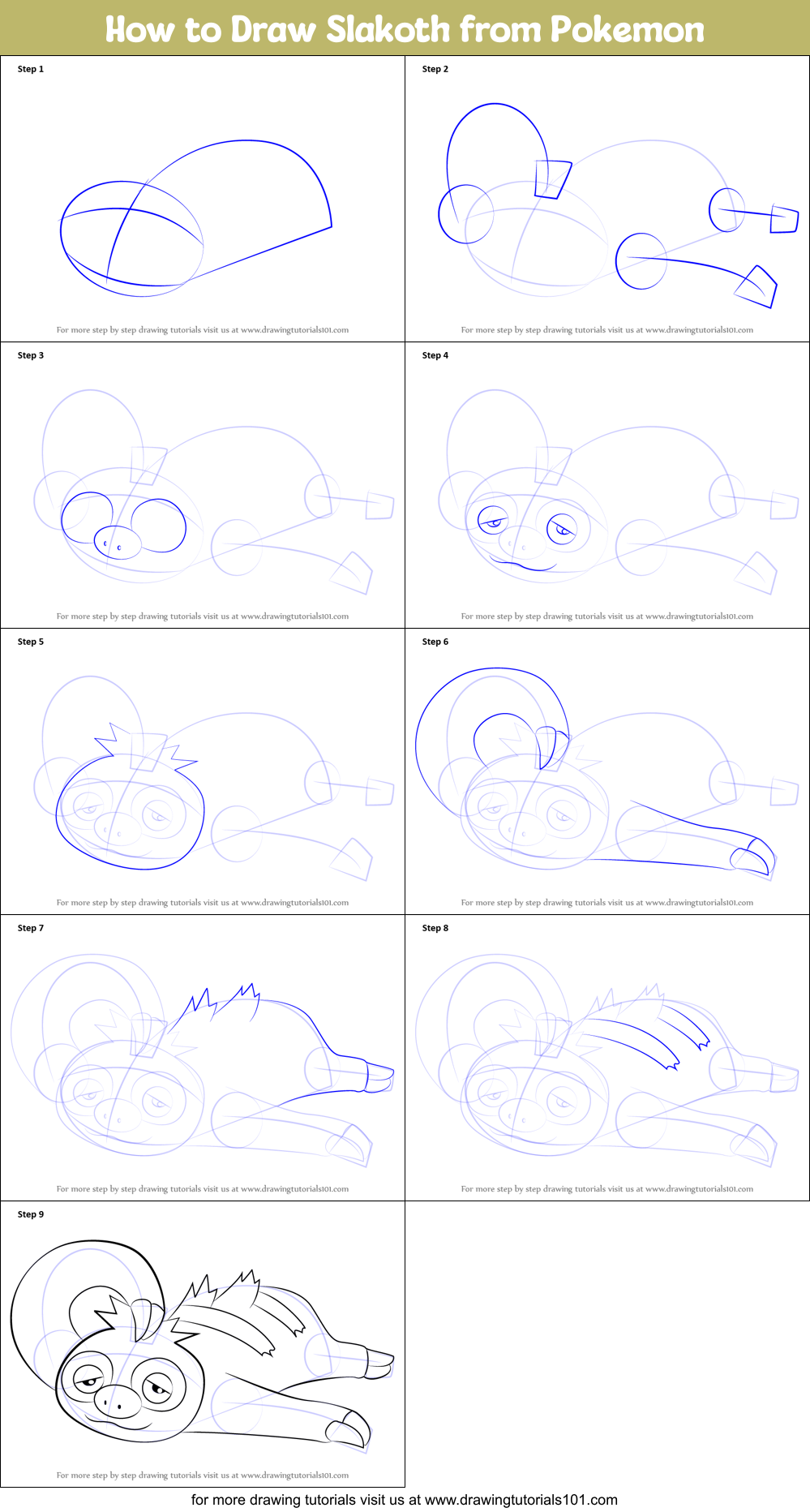 How to Draw Slakoth from Pokemon Printable Step by Step