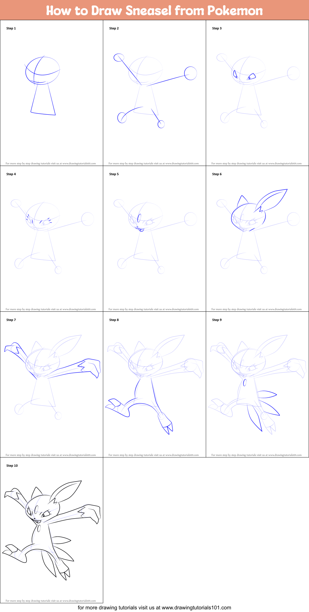 How to Draw Sneasel from Pokemon Printable Step by Step