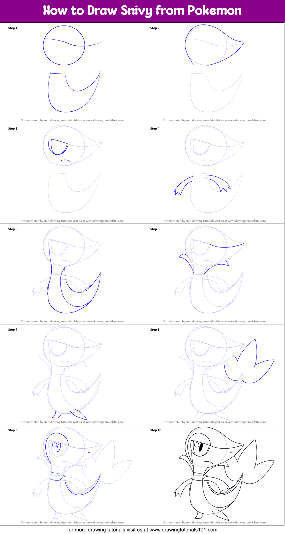 How to Draw Snivy from Pokemon Printable Step by Step