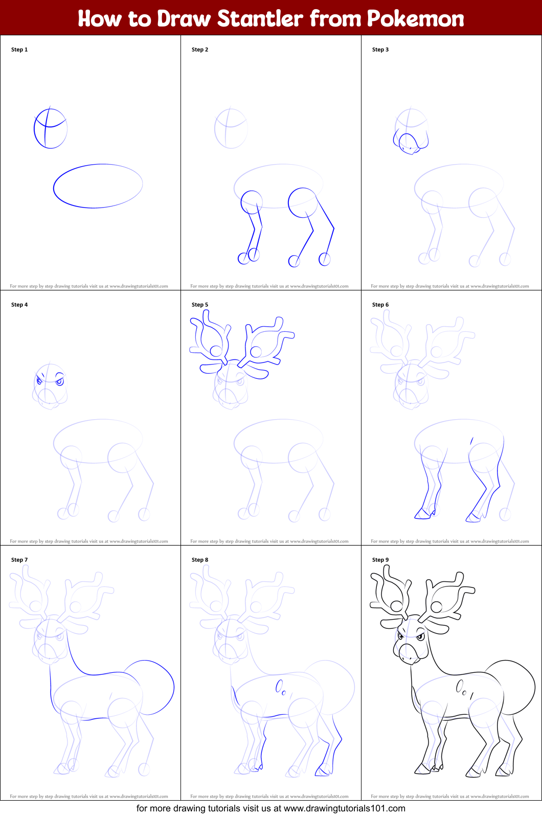 How to Draw Stantler from Pokemon Printable Step by Step