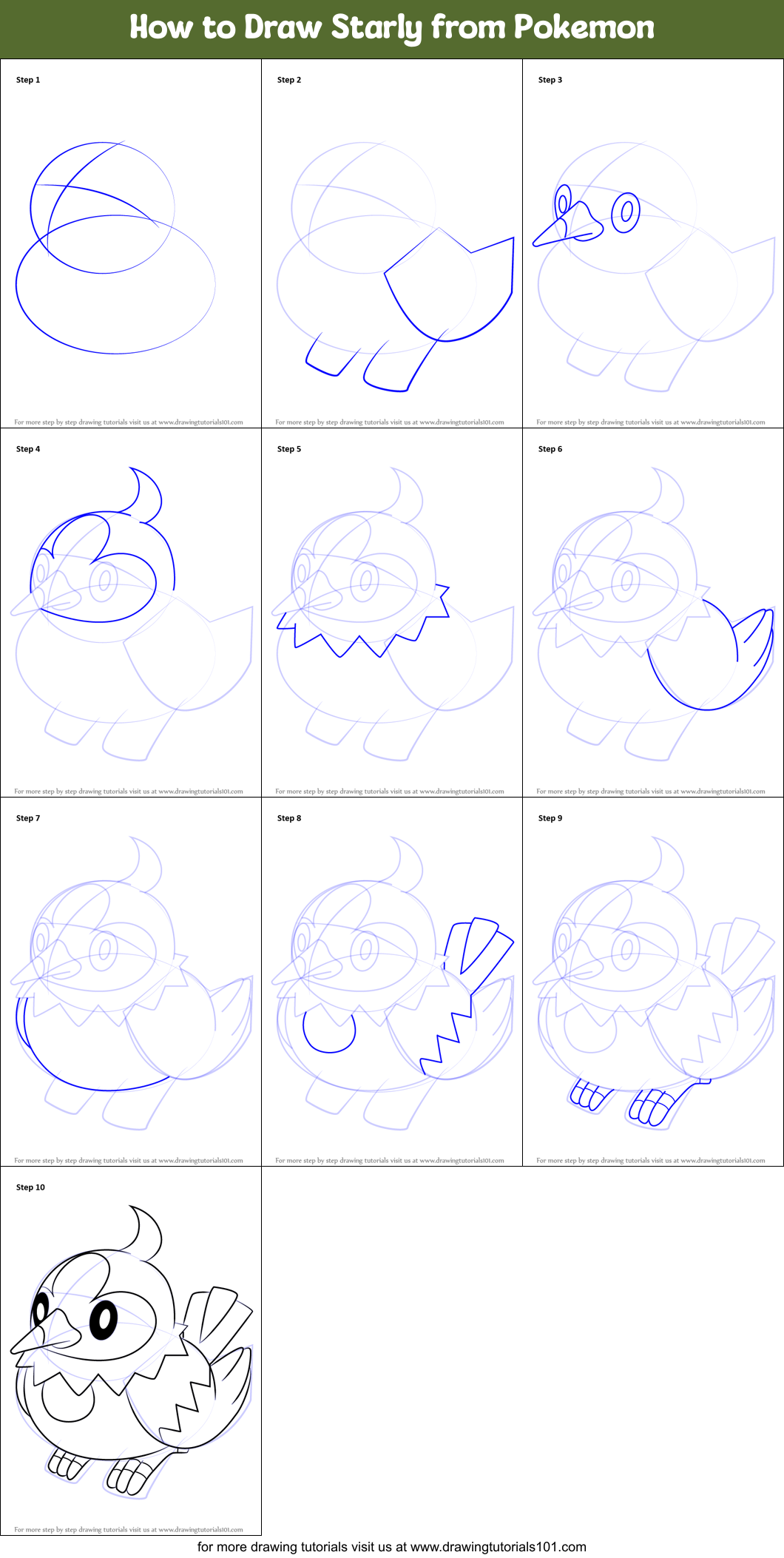 How to Draw Starly from Pokemon Printable Step by Step