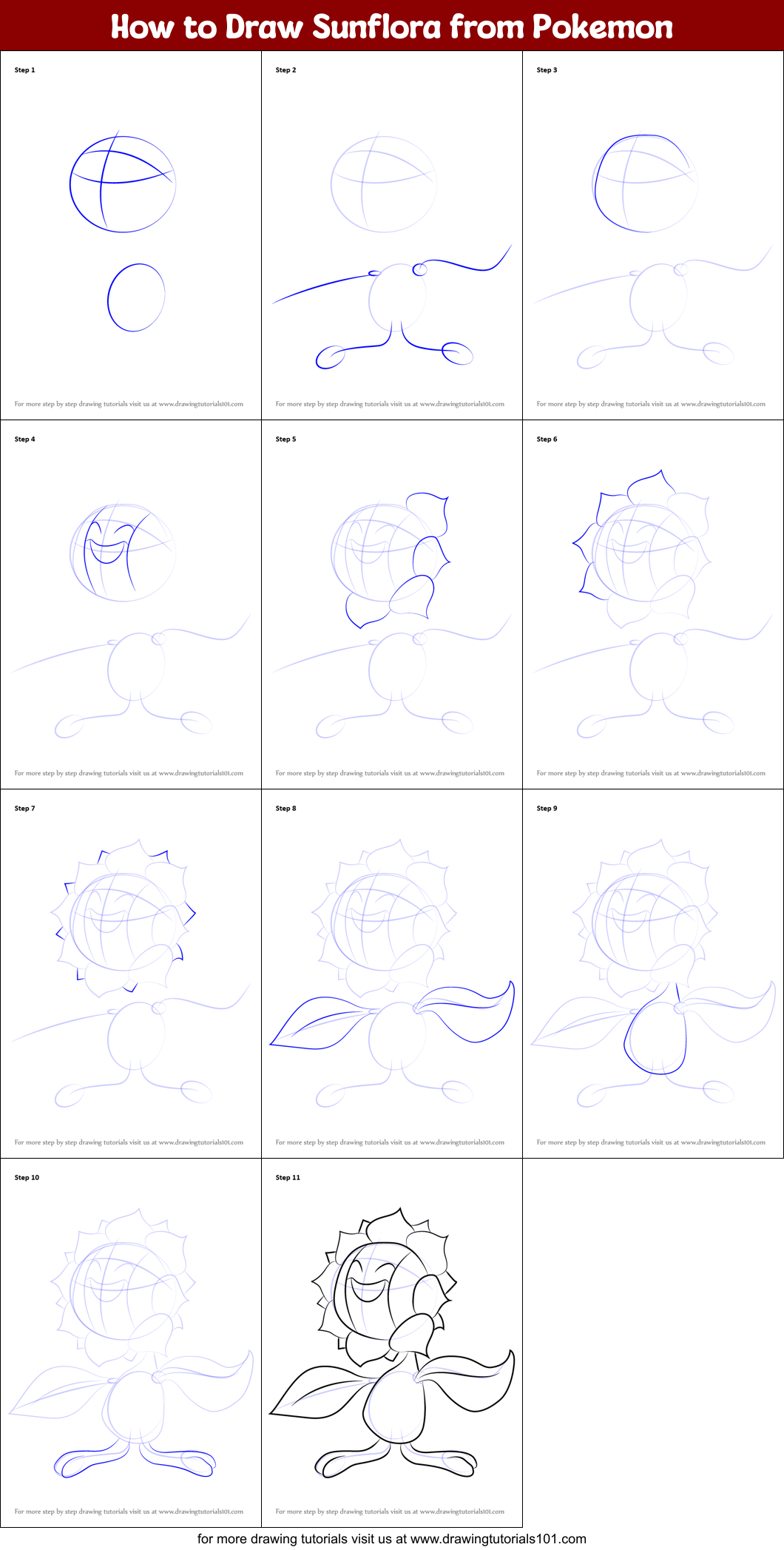 How to Draw Sunflora from Pokemon Printable Step by Step