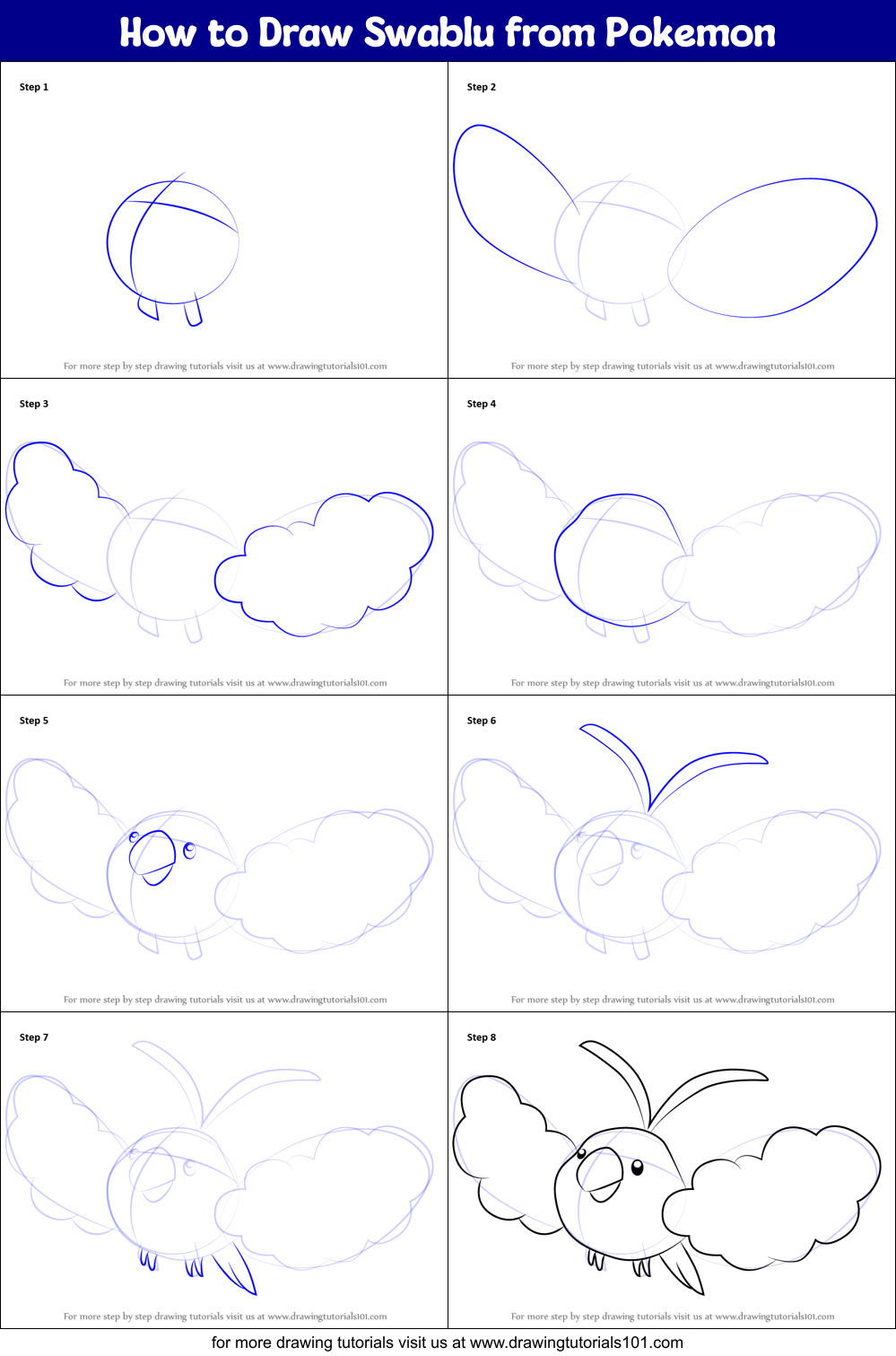How to Draw Swablu from Pokemon Printable Step by Step
