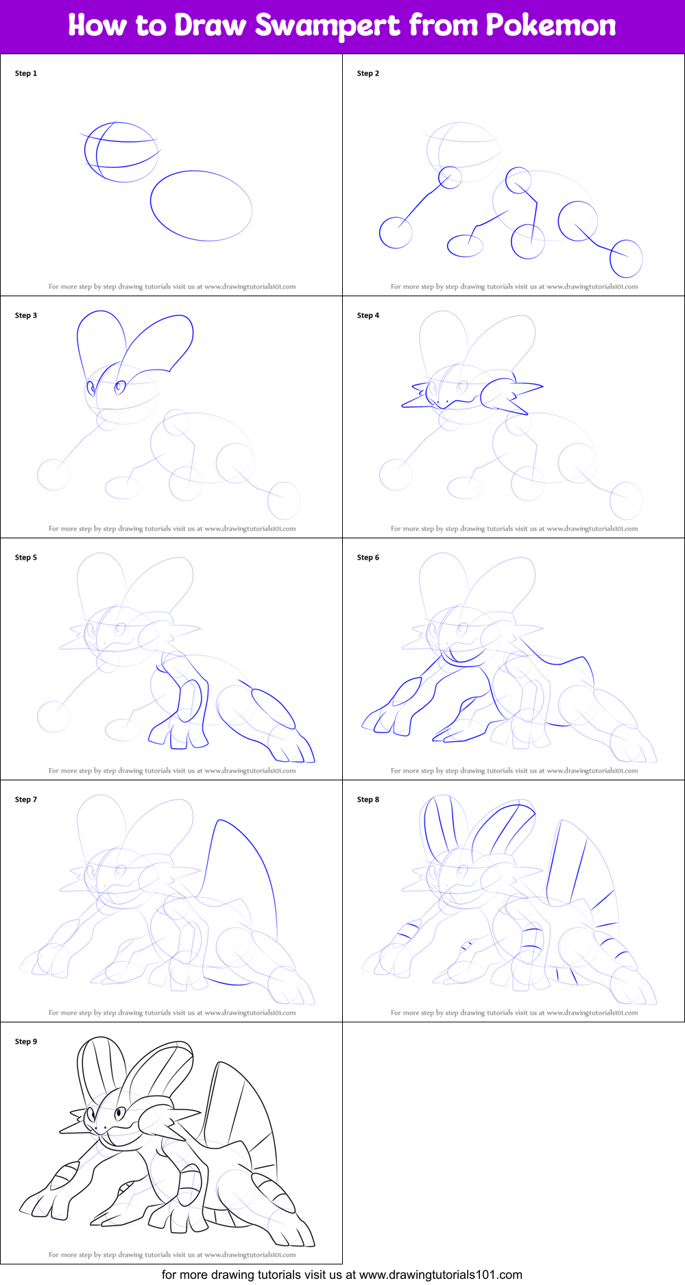 How to Draw Swampert from Pokemon Printable Step by Step