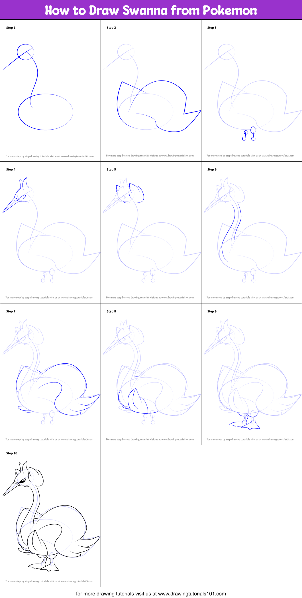 How to Draw Swanna from Pokemon printable step by step drawing sheet