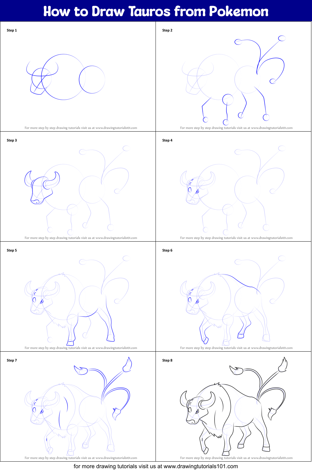 How to Draw Tauros from Pokemon Printable Step by Step
