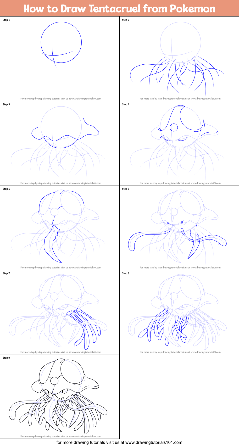 How to Draw Tentacruel from Pokemon Printable Step by Step
