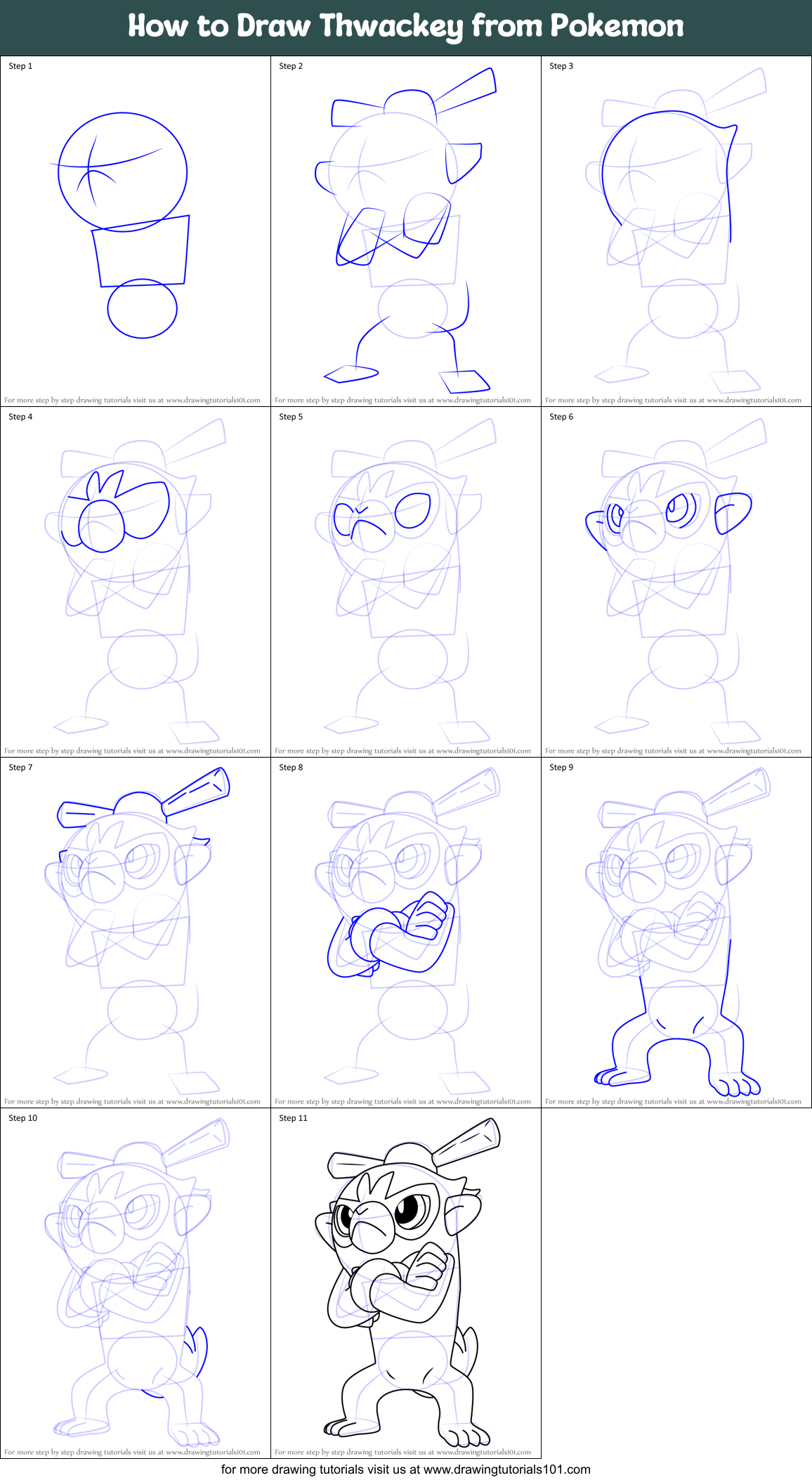 How to Draw Thwackey from Pokemon Printable Step by Step