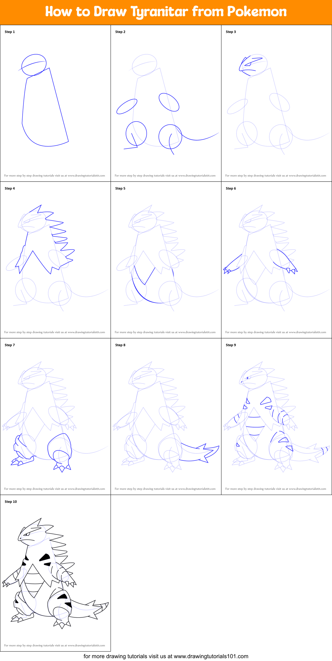 How to Draw Tyranitar from Pokemon Printable Step by Step