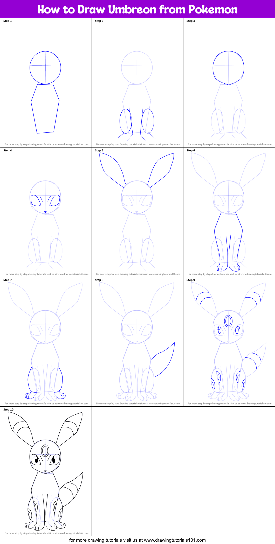 How to Draw Umbreon from Pokemon printable step by step