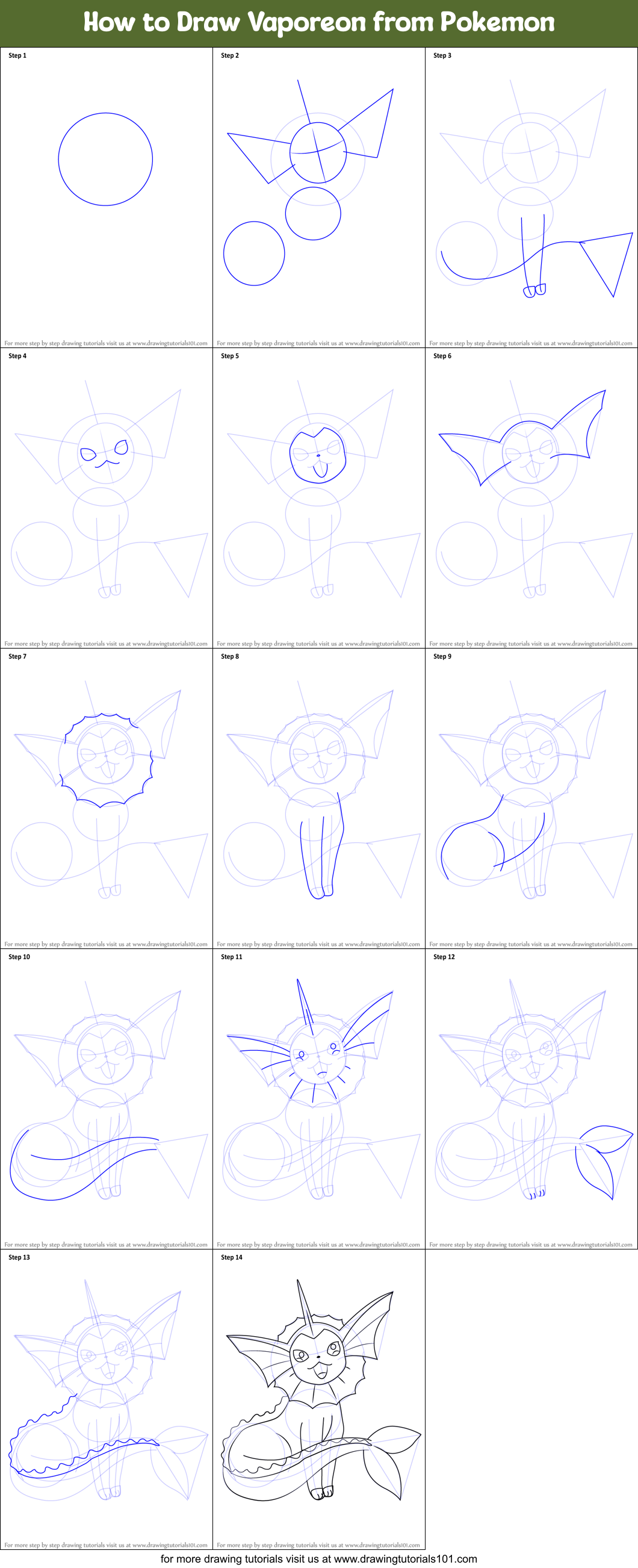 How to Draw Vaporeon from Pokemon Printable Step by Step