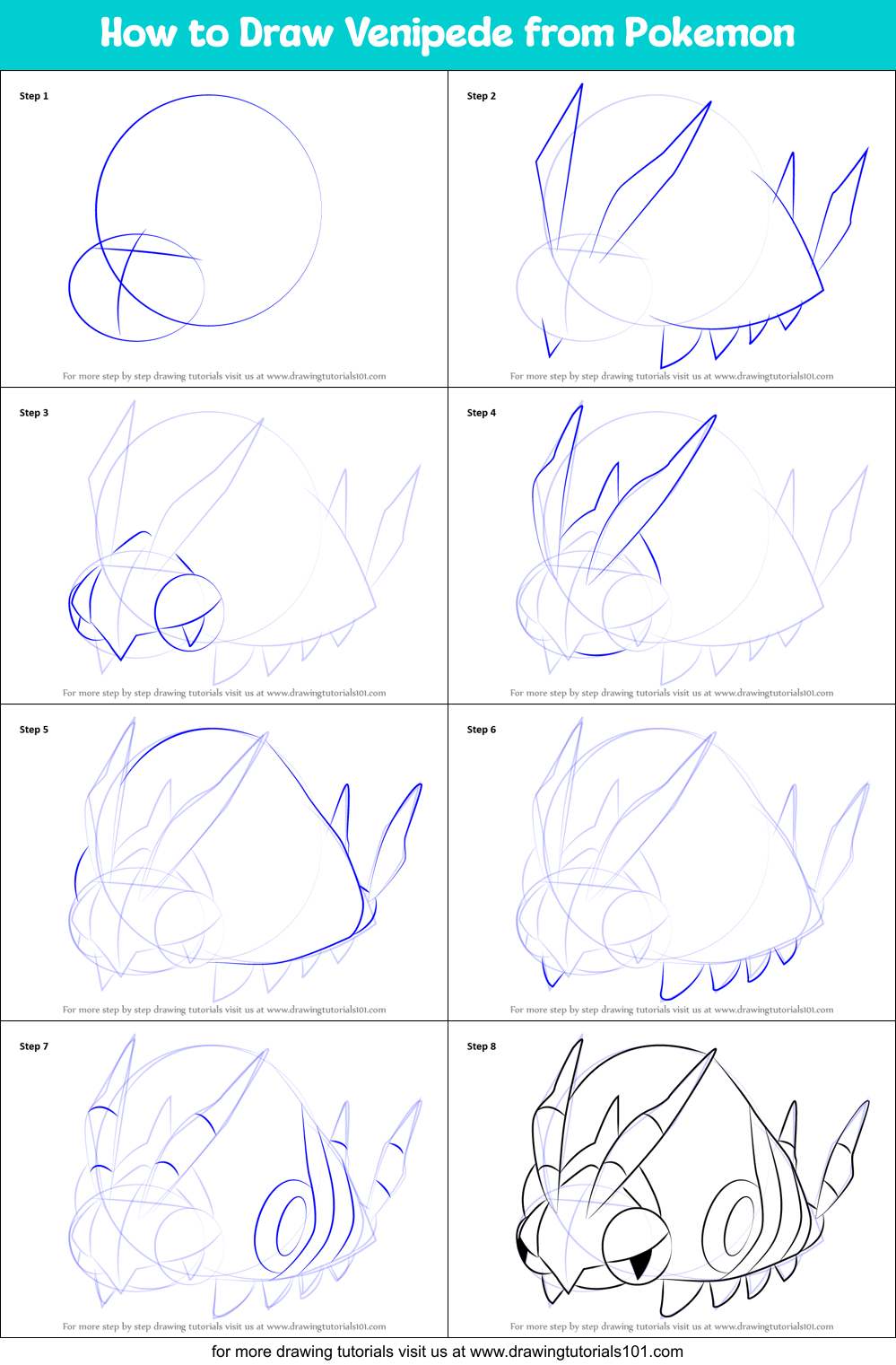 How to Draw Venipede from Pokemon Printable Step by Step