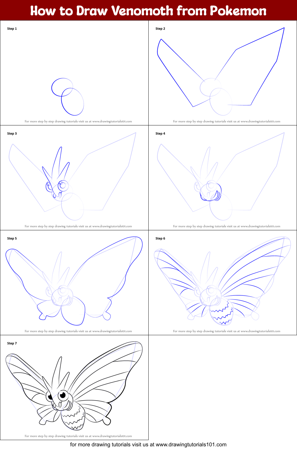 How to Draw Venomoth from Pokemon Printable Step by Step