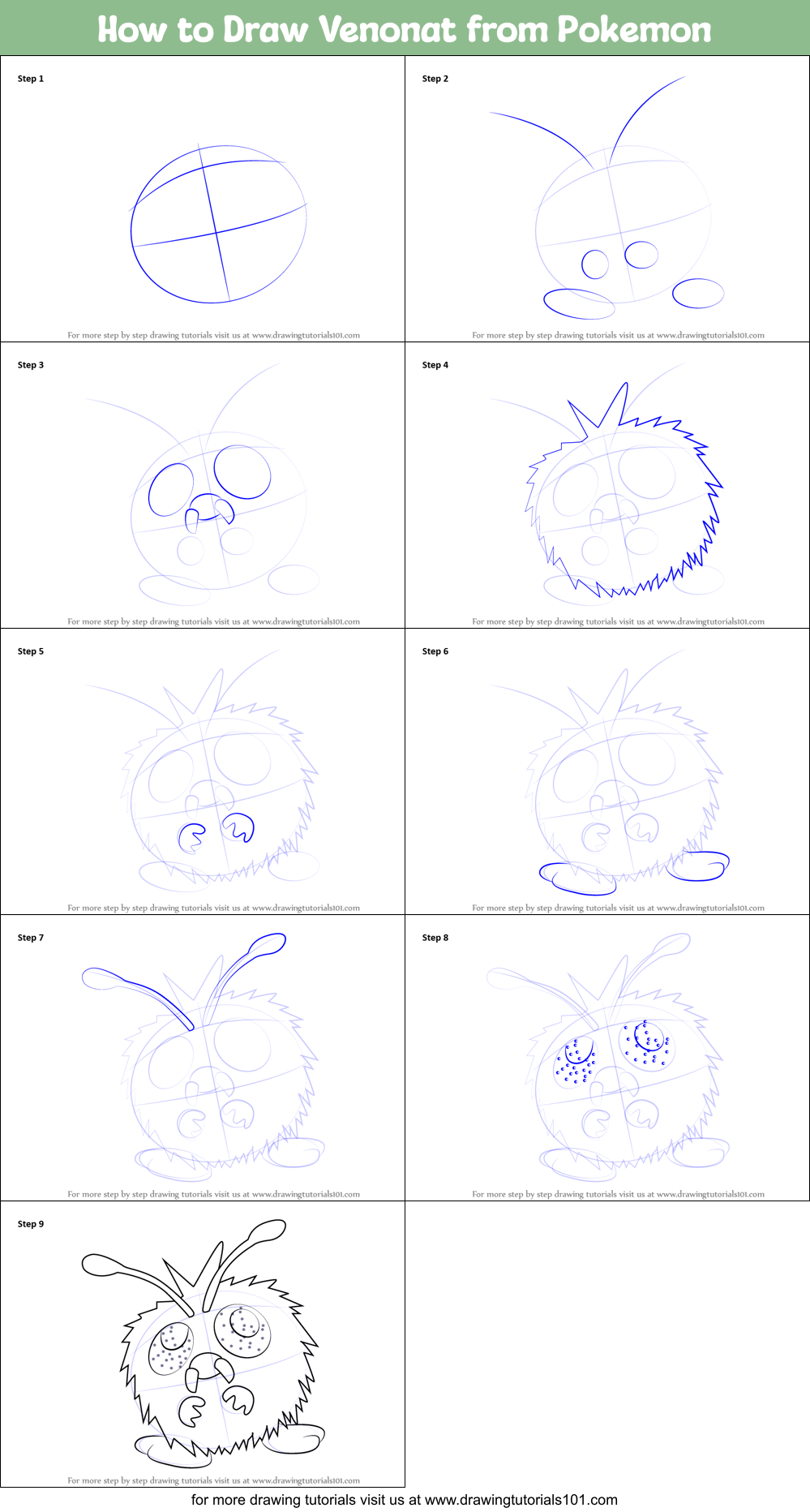How to Draw Venonat from Pokemon Printable Step by Step