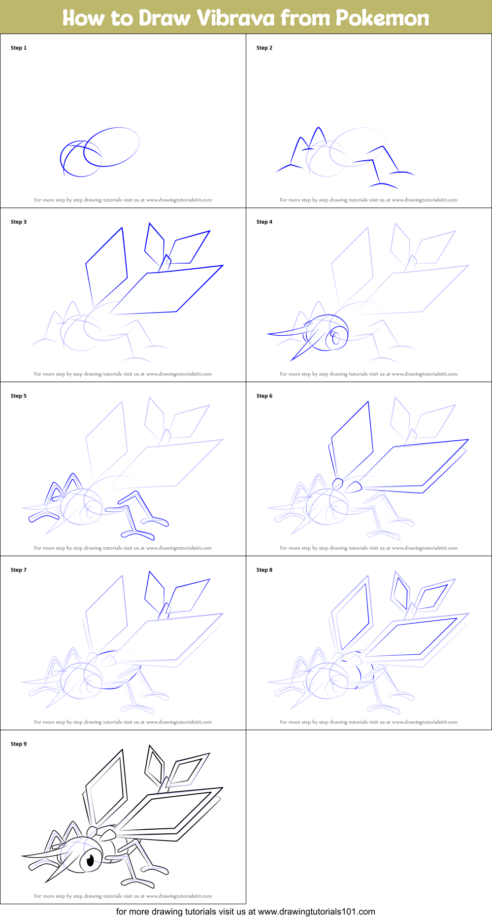 How to Draw Vibrava from Pokemon Printable Step by Step