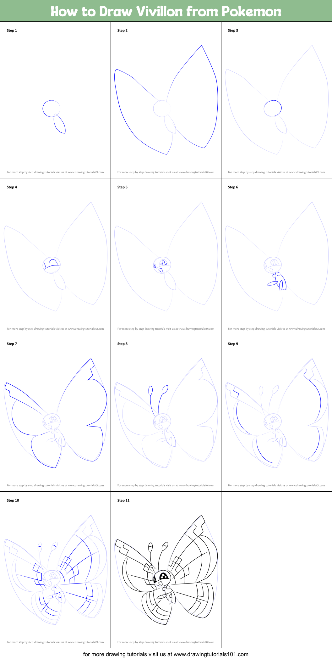 How to Draw Vivillon from Pokemon Printable Step by Step