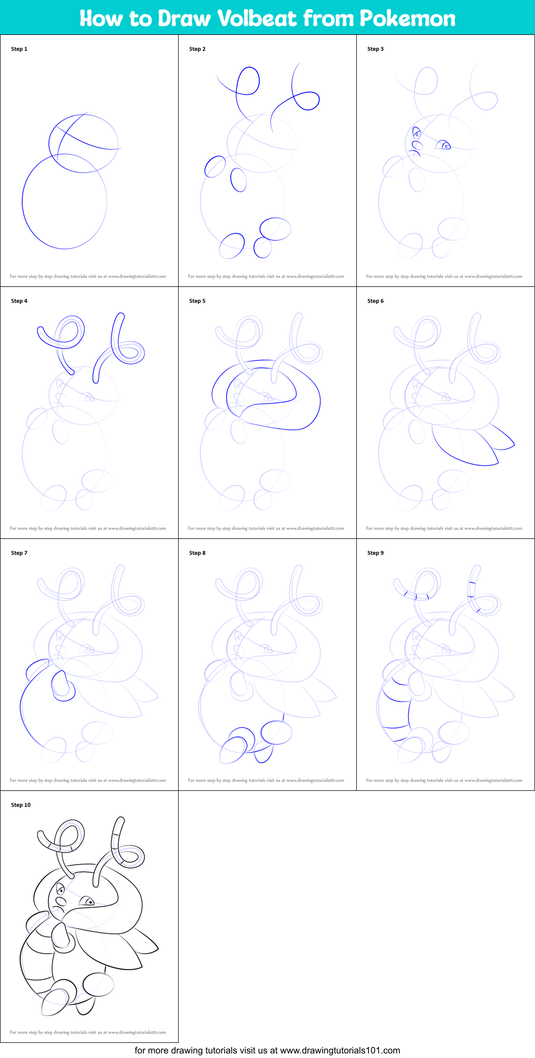 How to Draw Volbeat from Pokemon Printable Step by Step
