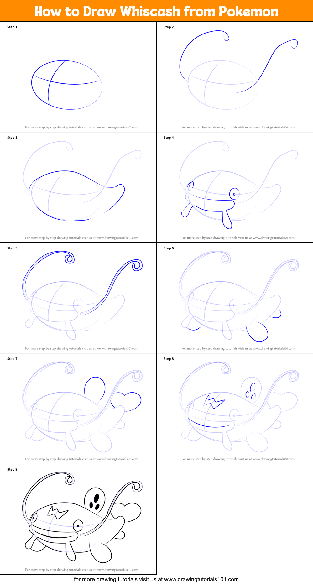 How to Draw Whiscash from Pokemon Printable Step by Step