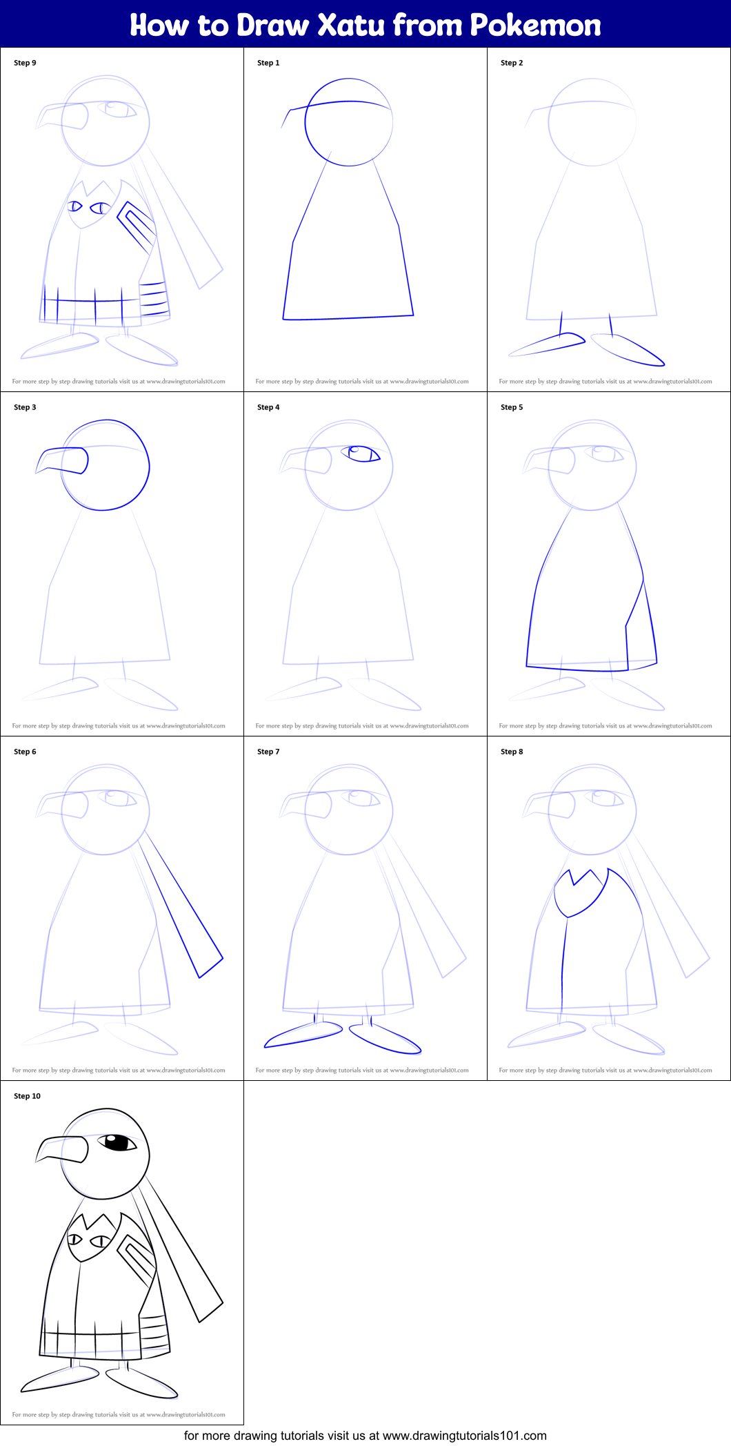 How to Draw Xatu from Pokemon Printable Step by Step