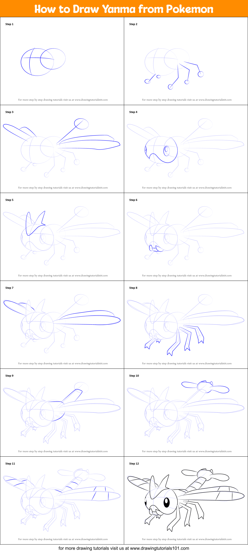 How to Draw Yanma from Pokemon Printable Step by Step