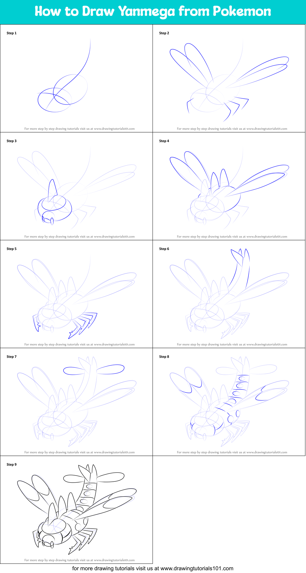 How to Draw Yanmega from Pokemon Printable Step by Step