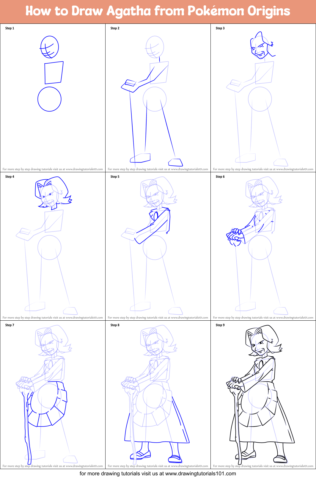 How to Draw Agatha from Pokémon Origins Printable Step by Step