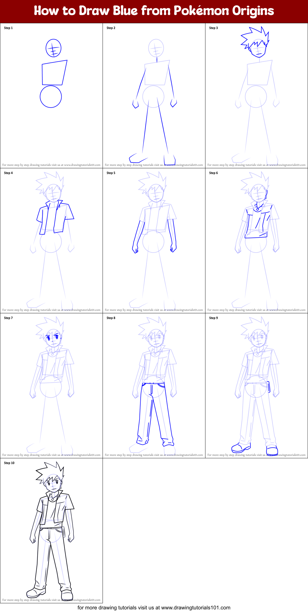 How to Draw Blue from Pokémon Origins Printable Step by Step