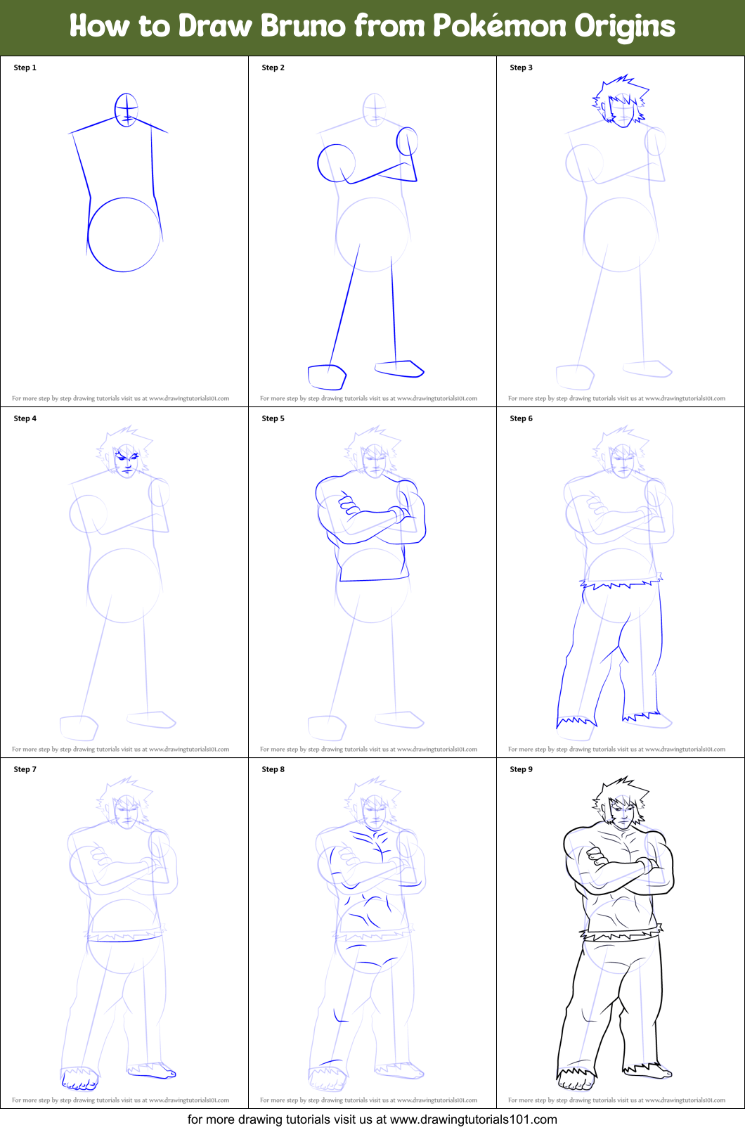 How to Draw Bruno from Pokémon Origins Printable Step by Step