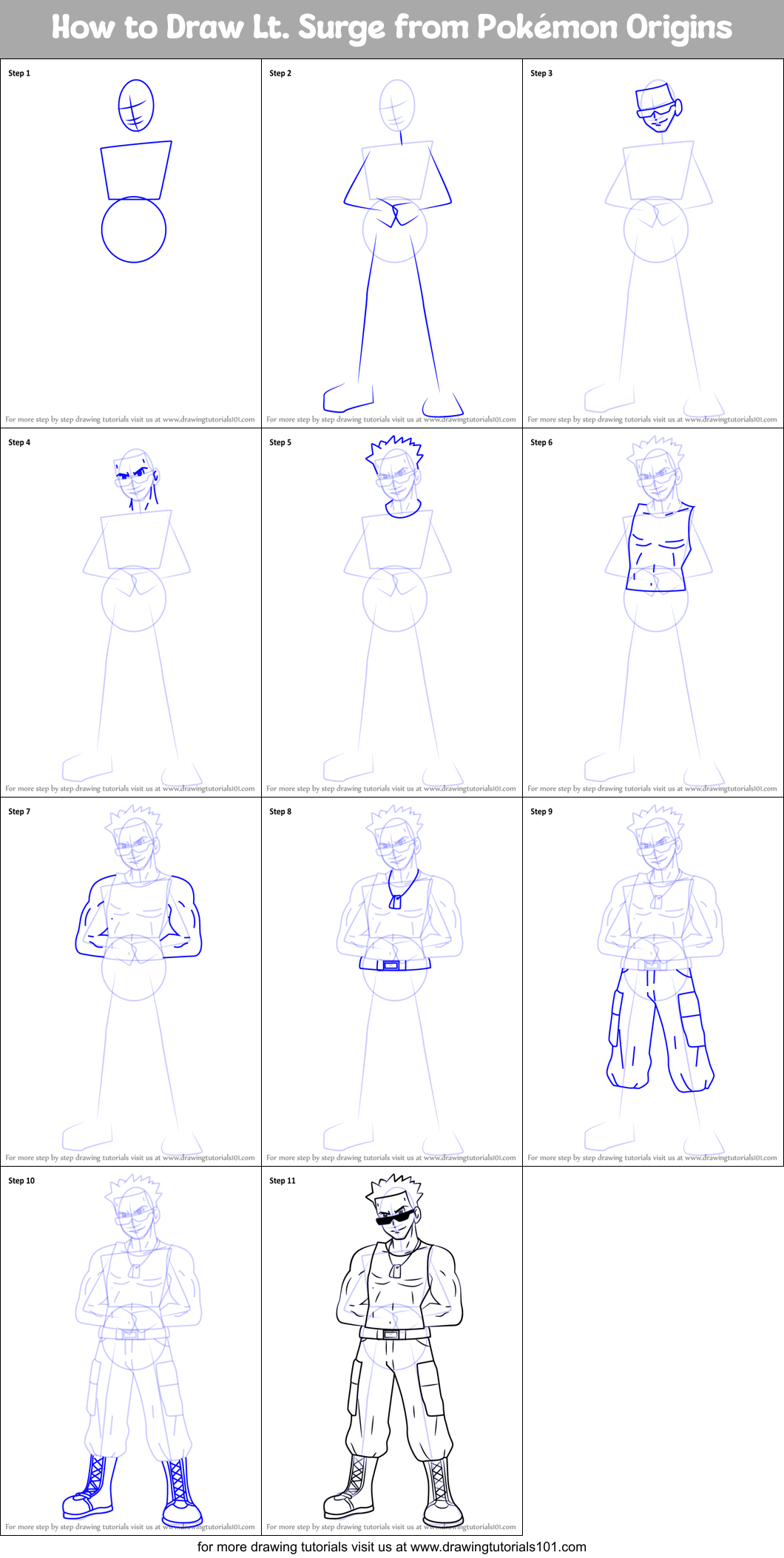 How to Draw Lt. Surge from Pokémon Origins Printable Step by Step