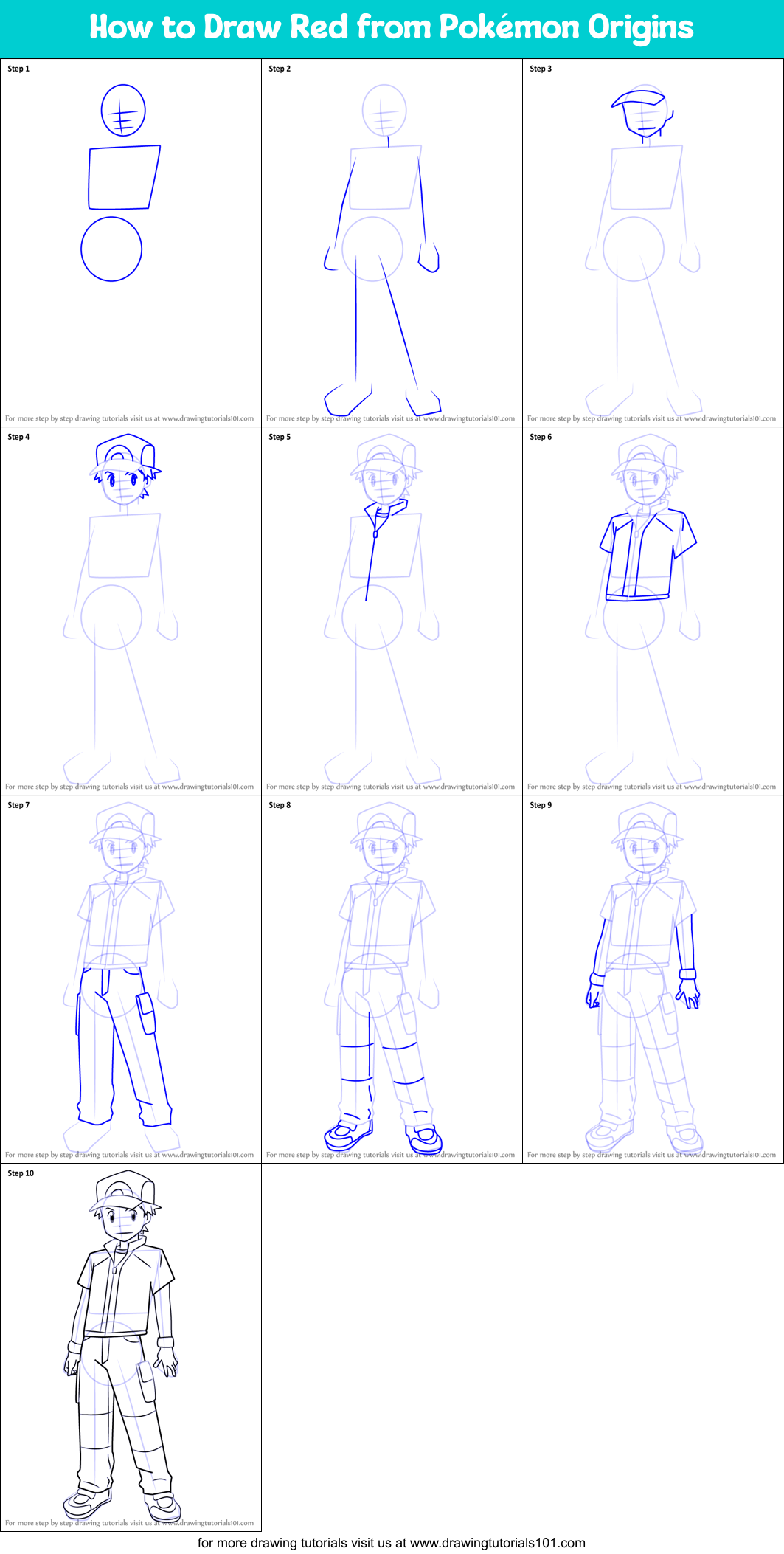 How to Draw Red from Pokémon Origins Printable Step by Step