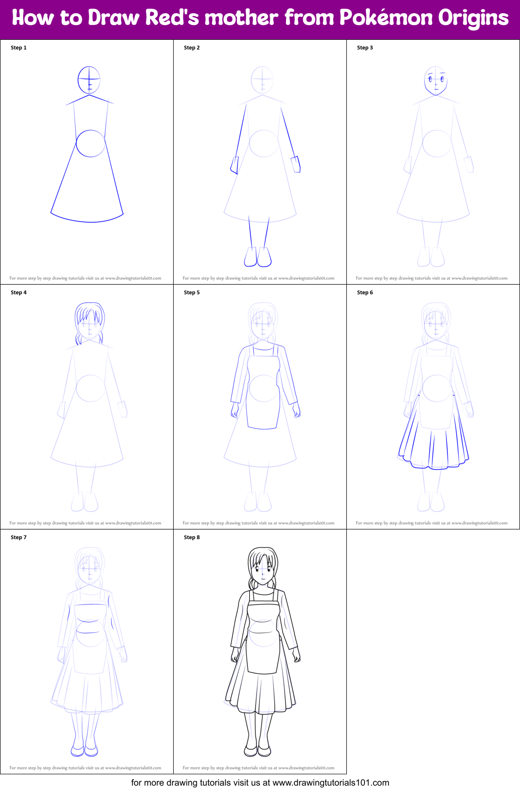 How to Draw Red's mother from Pokémon Origins Printable Step by Step