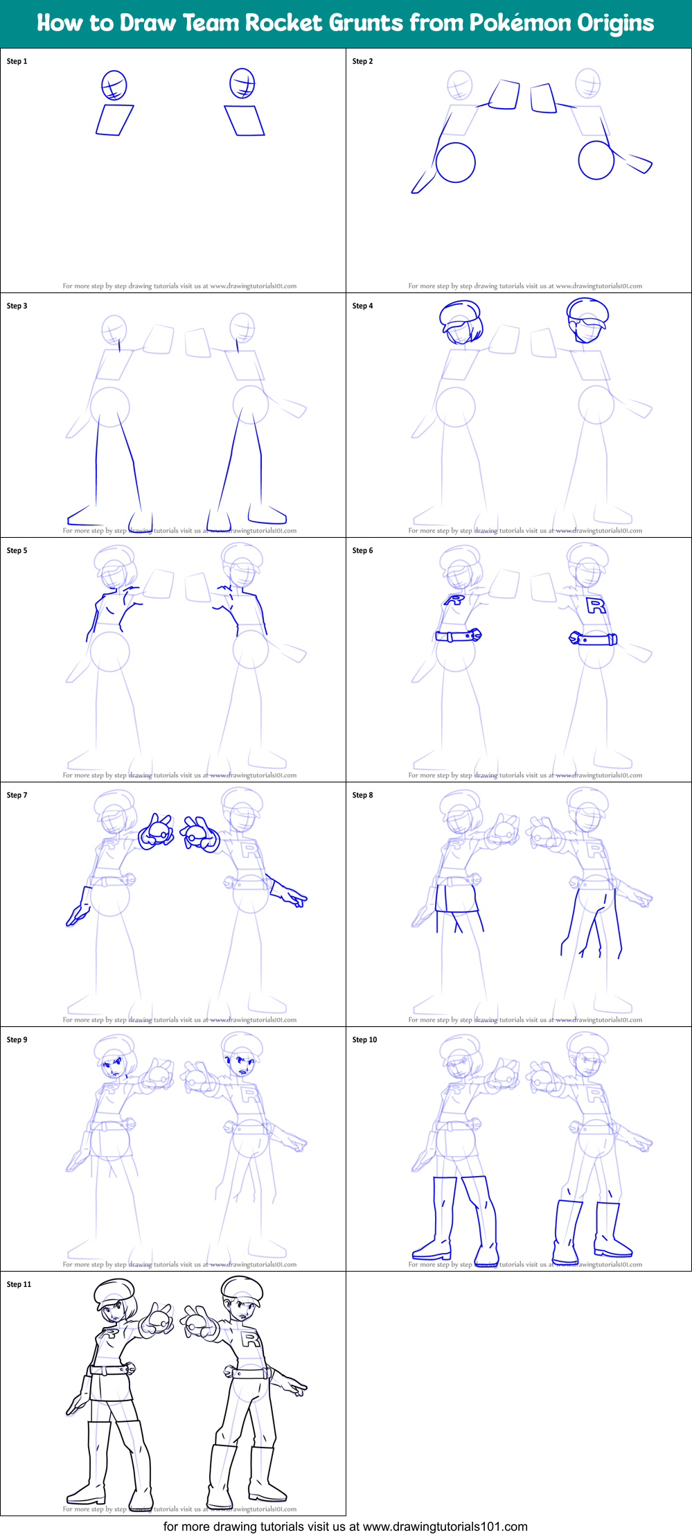 How to Draw Team Rocket Grunts from Pokémon Origins Printable Step by Step