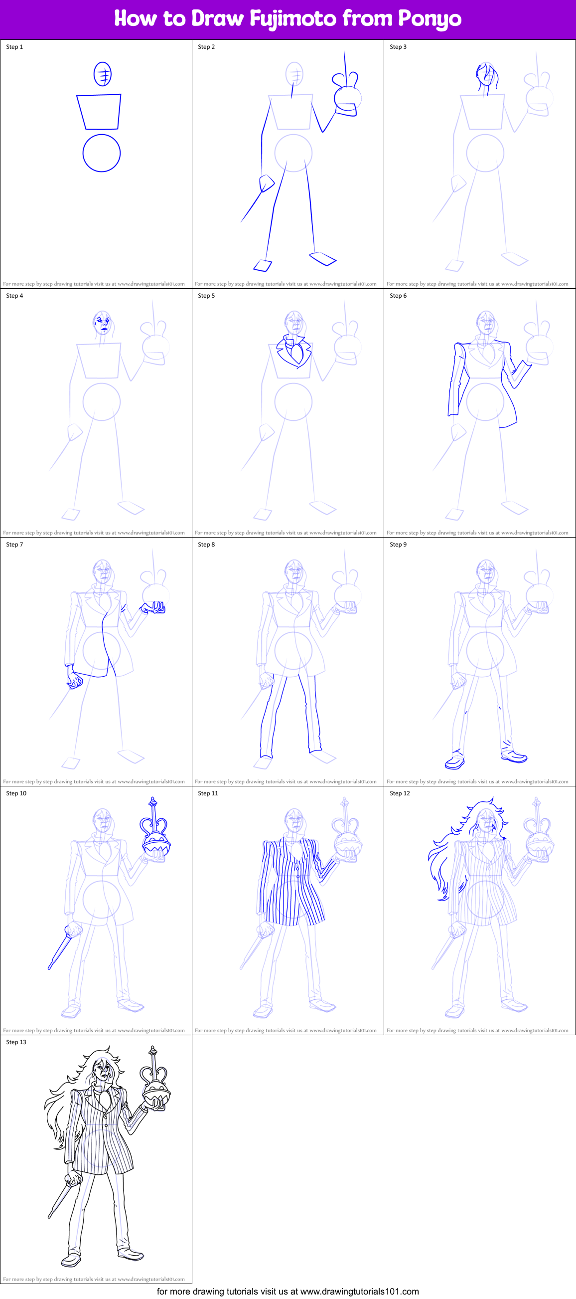 How to Draw Fujimoto from Ponyo Printable Step by Step