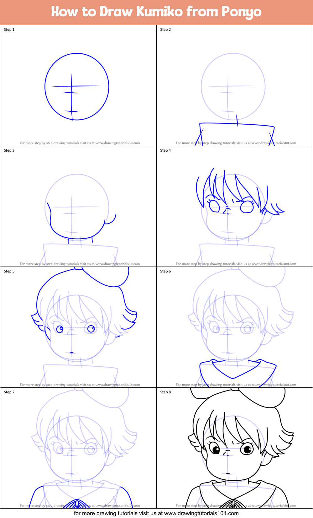 How to Draw Kumiko from Ponyo Printable Step by Step