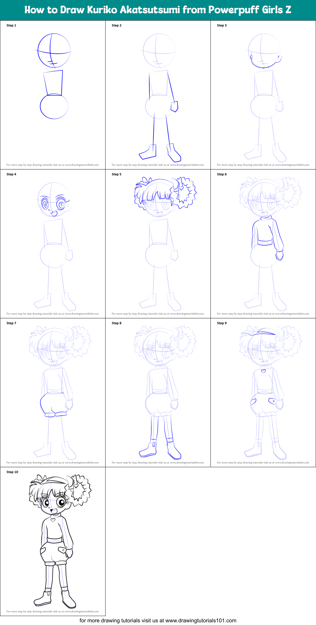 How to Draw Kuriko Akatsutsumi from Powerpuff Girls Z Printable Step by Step