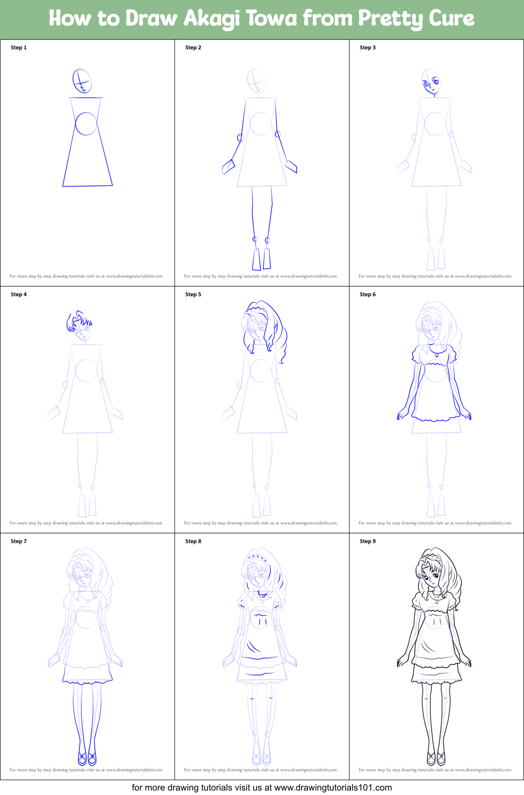 How to Draw Akagi Towa from Pretty Cure Printable Step by Step