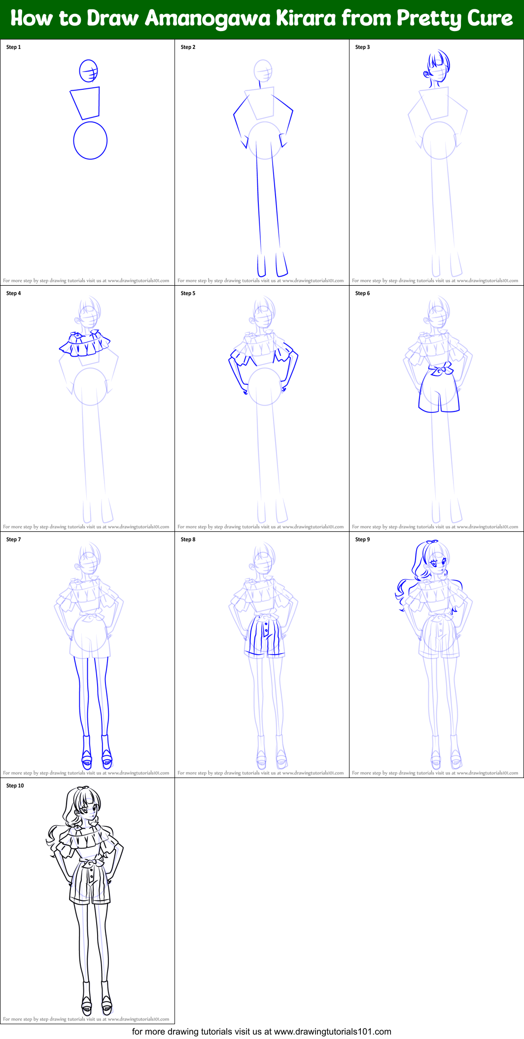 How to Draw Amanogawa Kirara from Pretty Cure Printable Step by Step