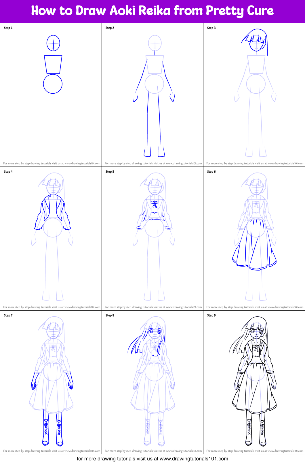 How to Draw Aoki Reika from Pretty Cure Printable Step by Step