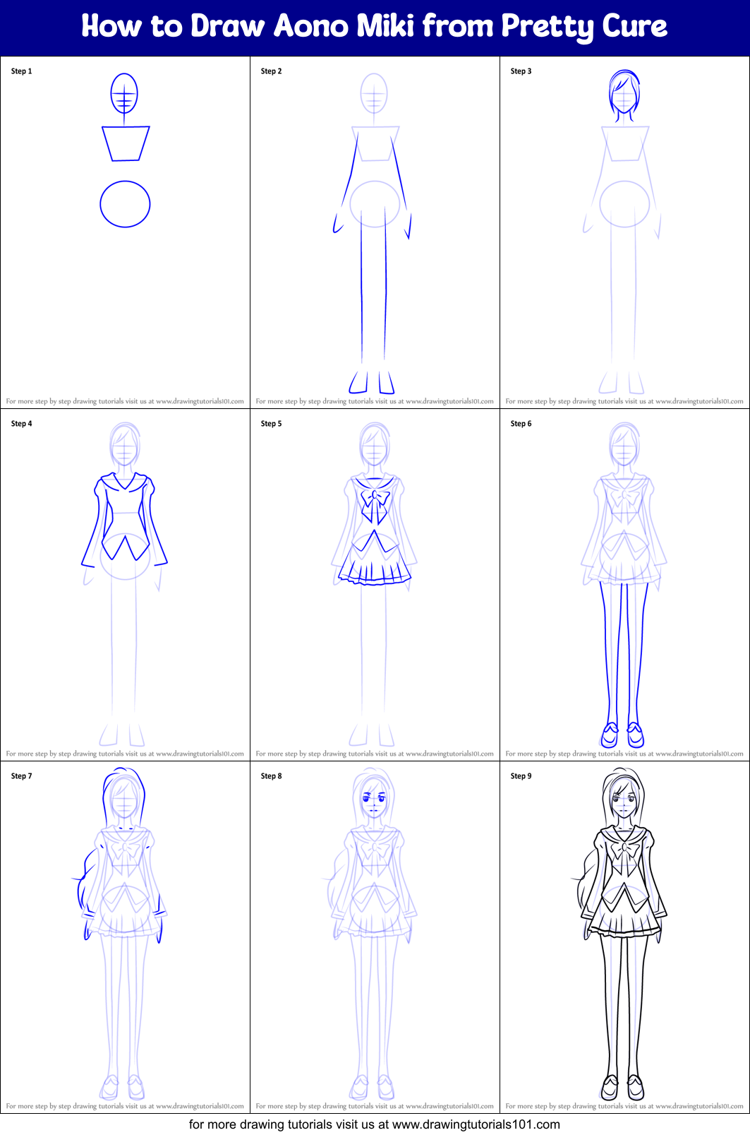 How to Draw Aono Miki from Pretty Cure Printable Step by Step