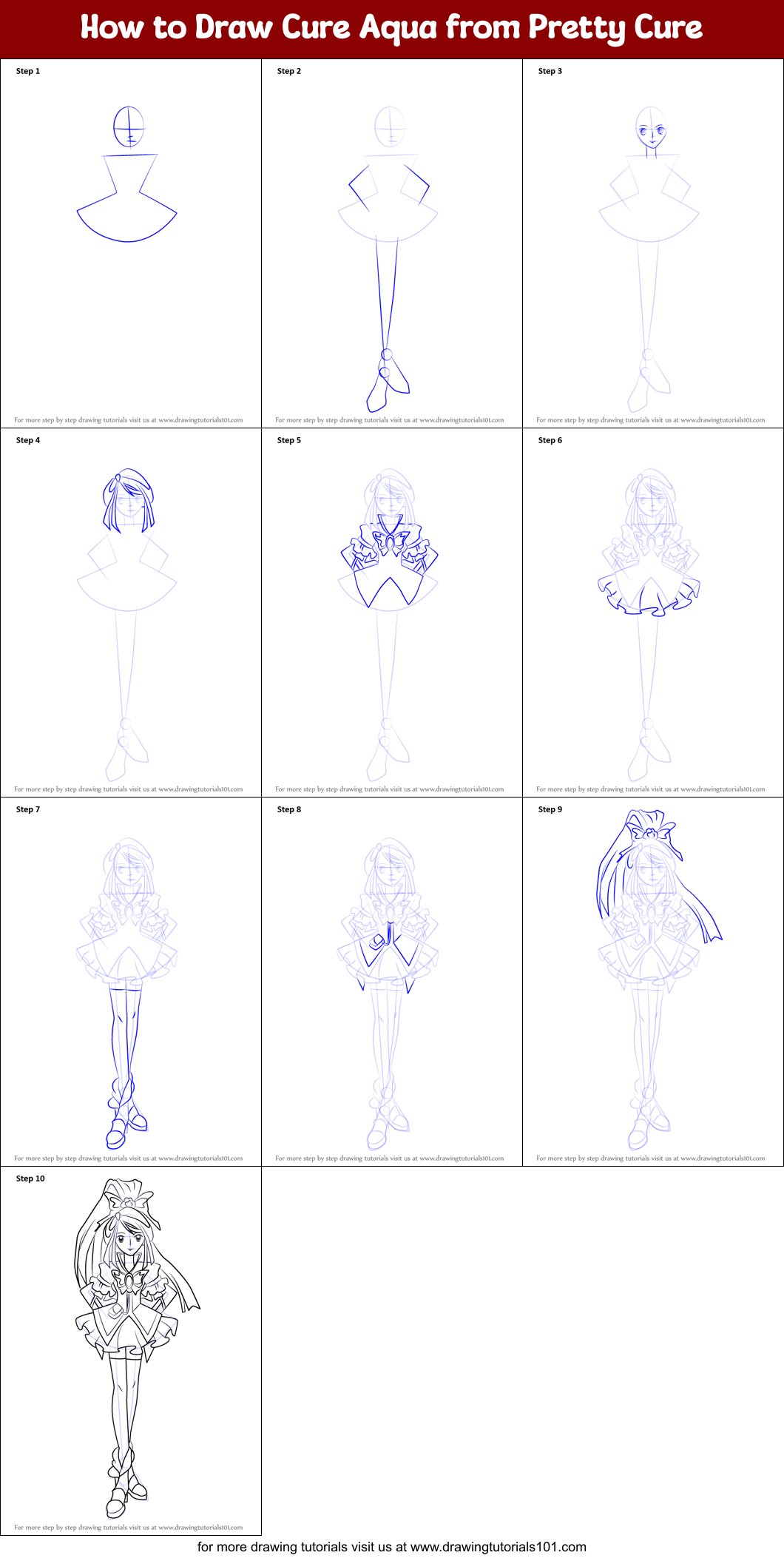 How to Draw Cure Aqua from Pretty Cure Printable Step by Step