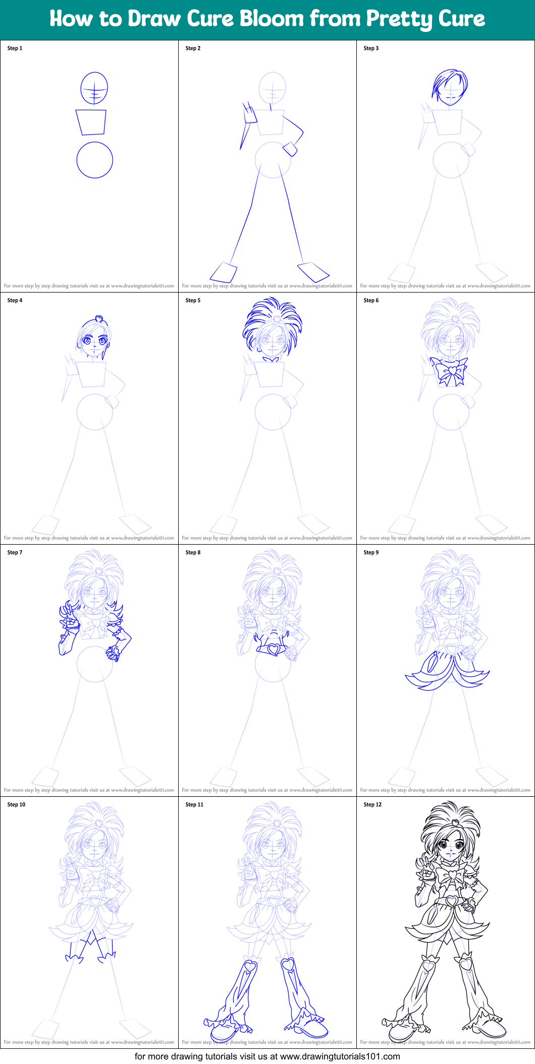 How to Draw Cure Bloom from Pretty Cure Printable Step by Step