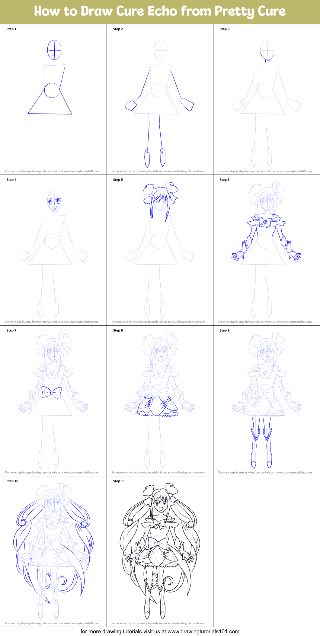 How to Draw Cure Echo from Pretty Cure (Pretty Cure) Step by Step