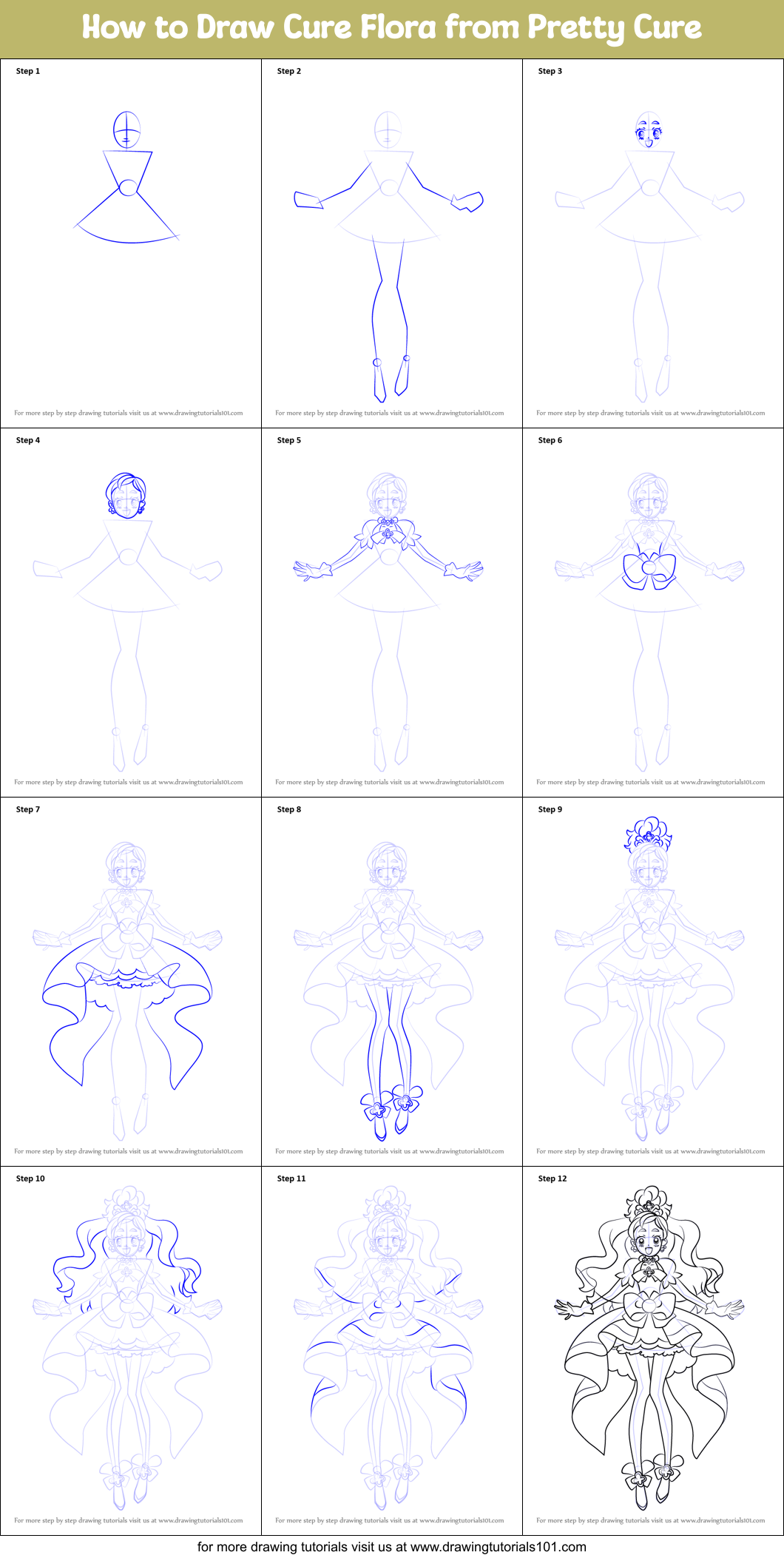 How to Draw Cure Flora from Pretty Cure Printable Step by Step